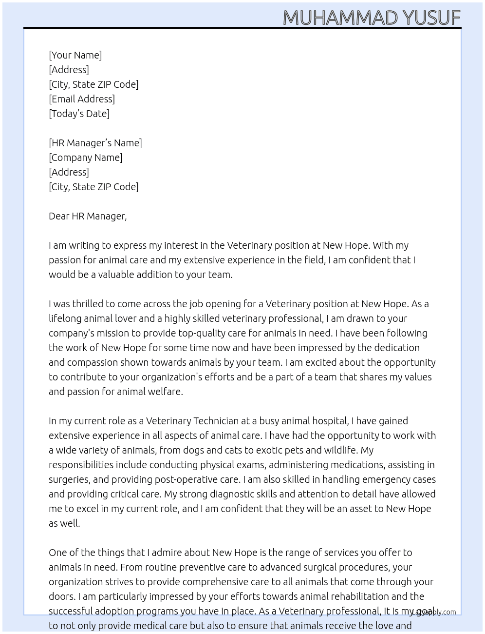 Veterinary At New Hope  Cover Letter