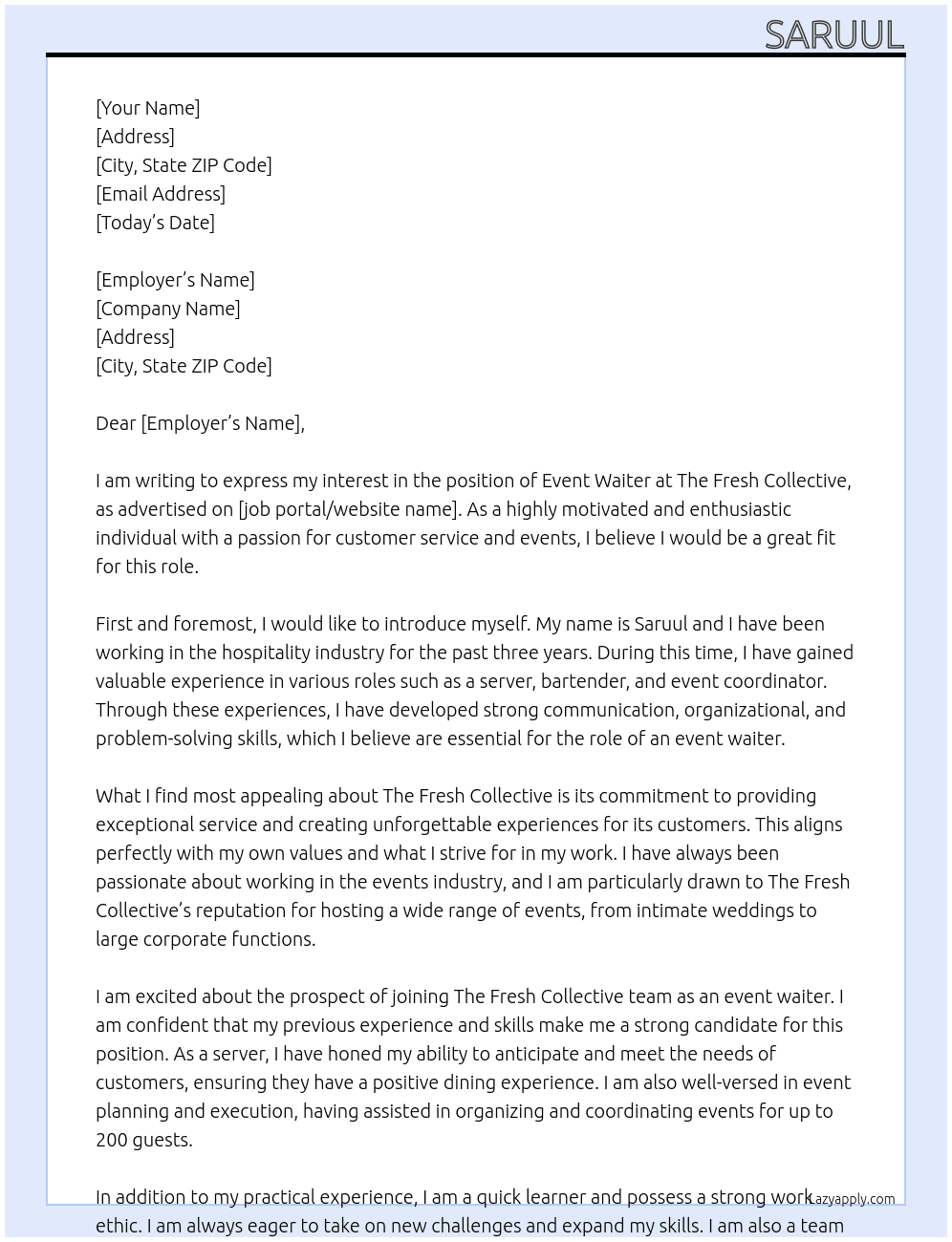 Event waiter At The Fresh Collective Cover Letter