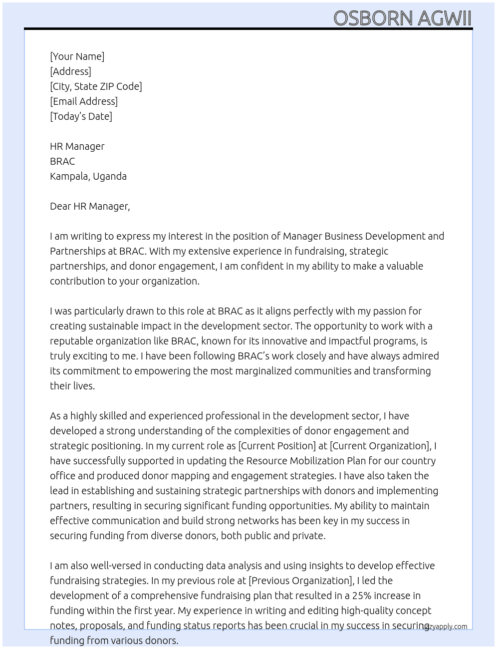 Manager Business Development and Partnerships At BRAC Cover Letter