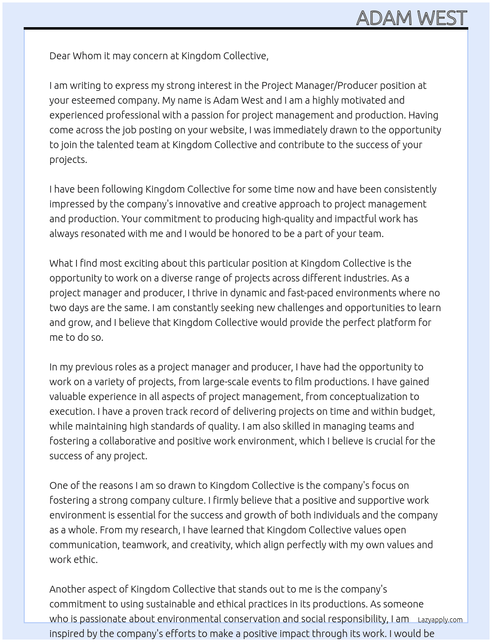 Project Manager / Producer At Kingdom Collective Cover Letter