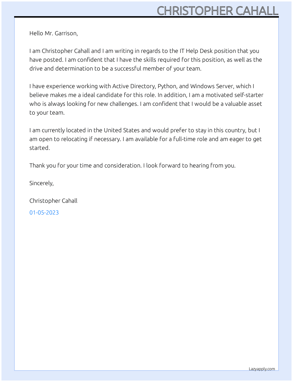 IT help Desk At IT company Cover Letter