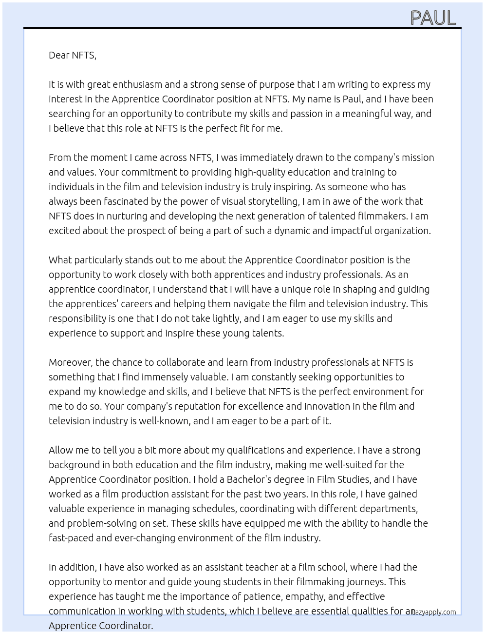 Apprentice Coordintor At NFTS Cover Letter