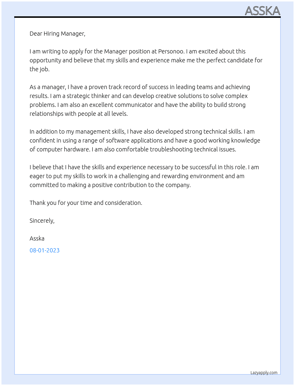 Manager At Personoo Cover Letter