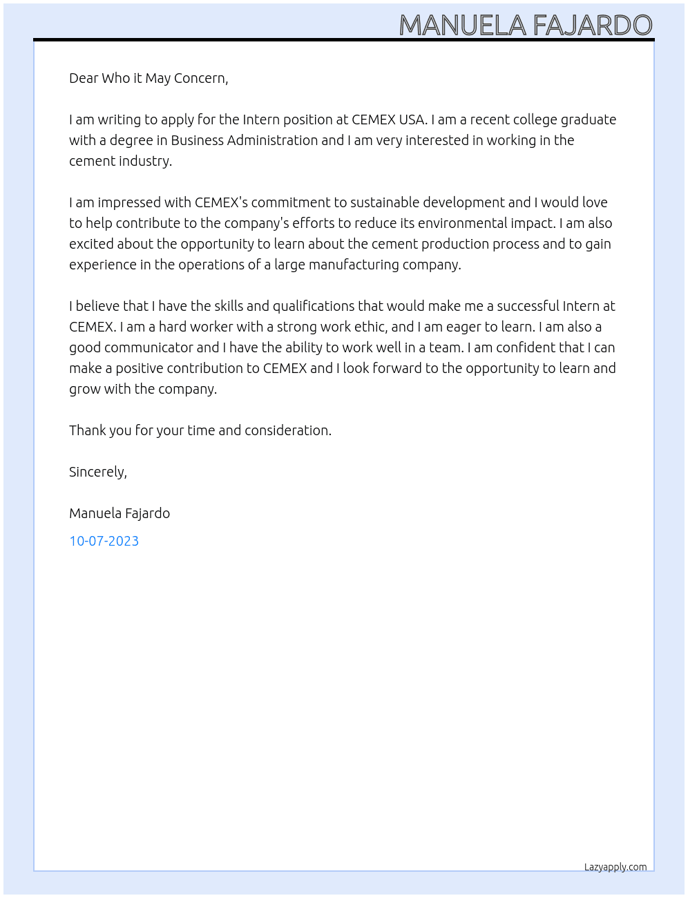 Intern At CEMEX USA Cover Letter