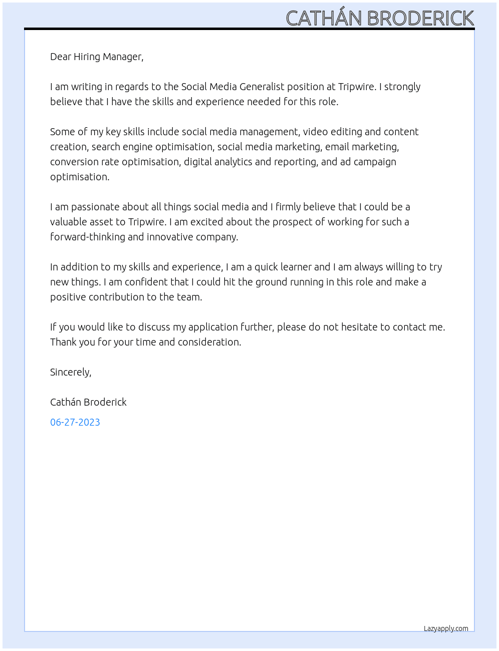 Social Media Generalist At Tripwire Cover Letter