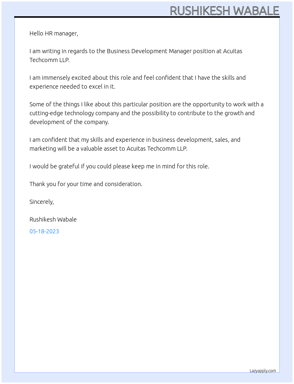 Business Development Manager  At Acuitas Techcomm LLP Cover Letter