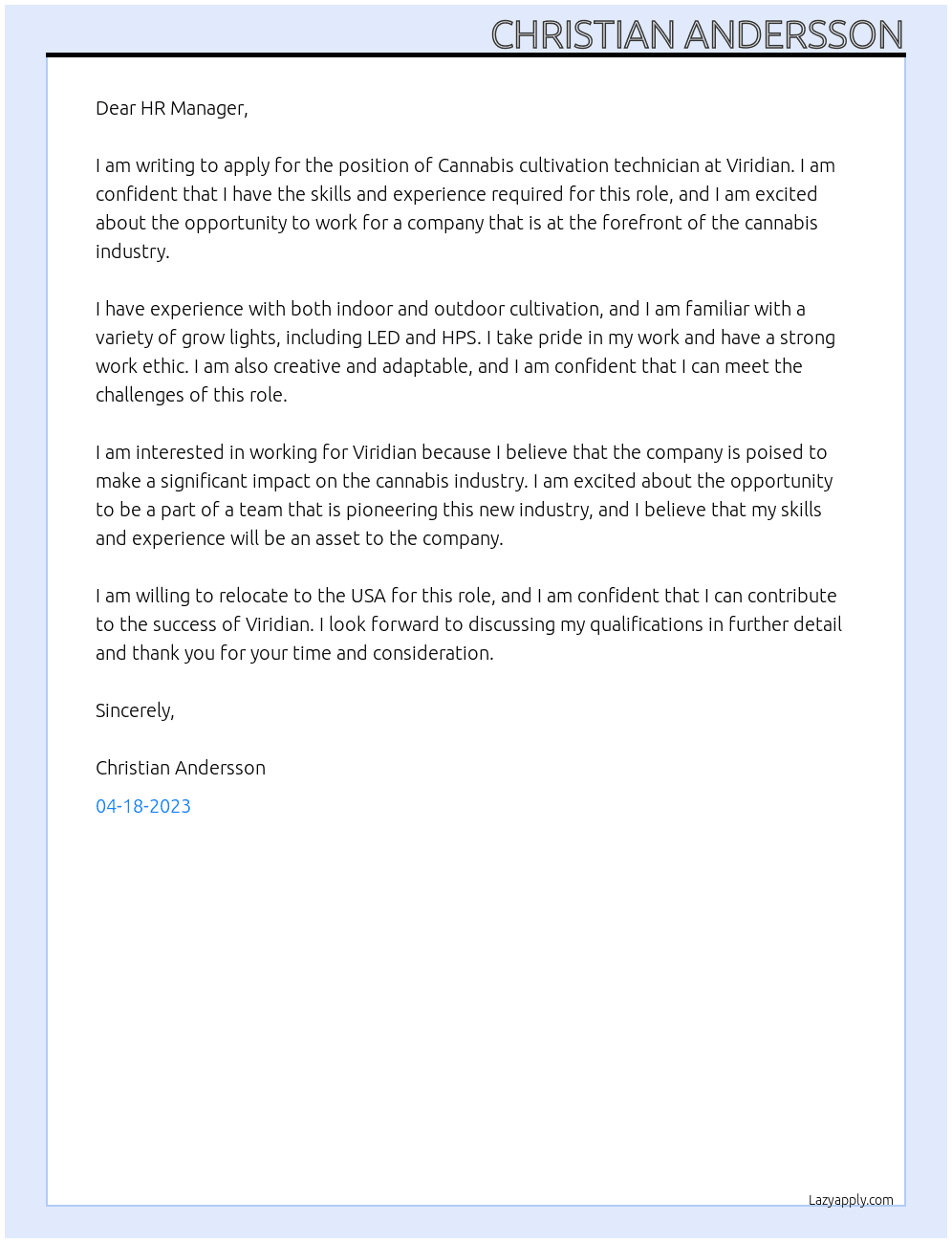 Cannabis cultivation technician At Viridian Cover Letter
