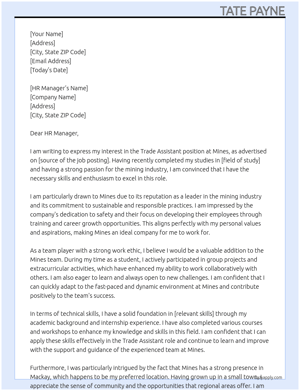 Trade assistant At Mines Cover Letter