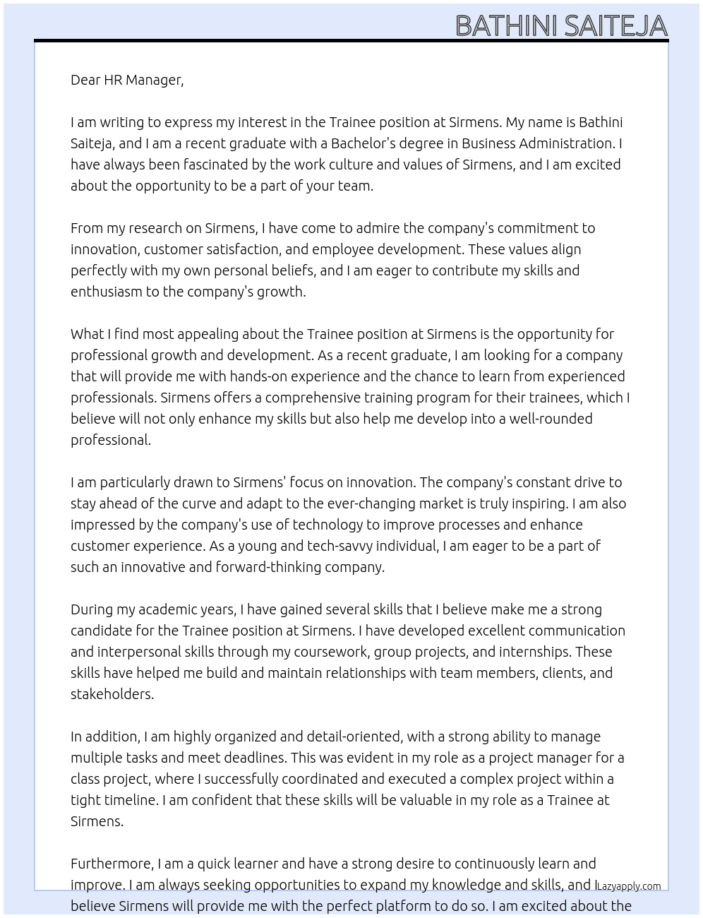Trainee At Sirmens Cover Letter