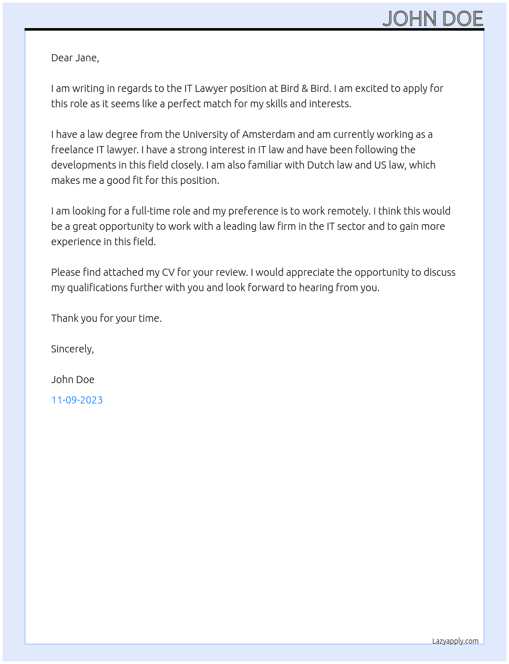 IT Lawyer At Bird & Bird Cover Letter