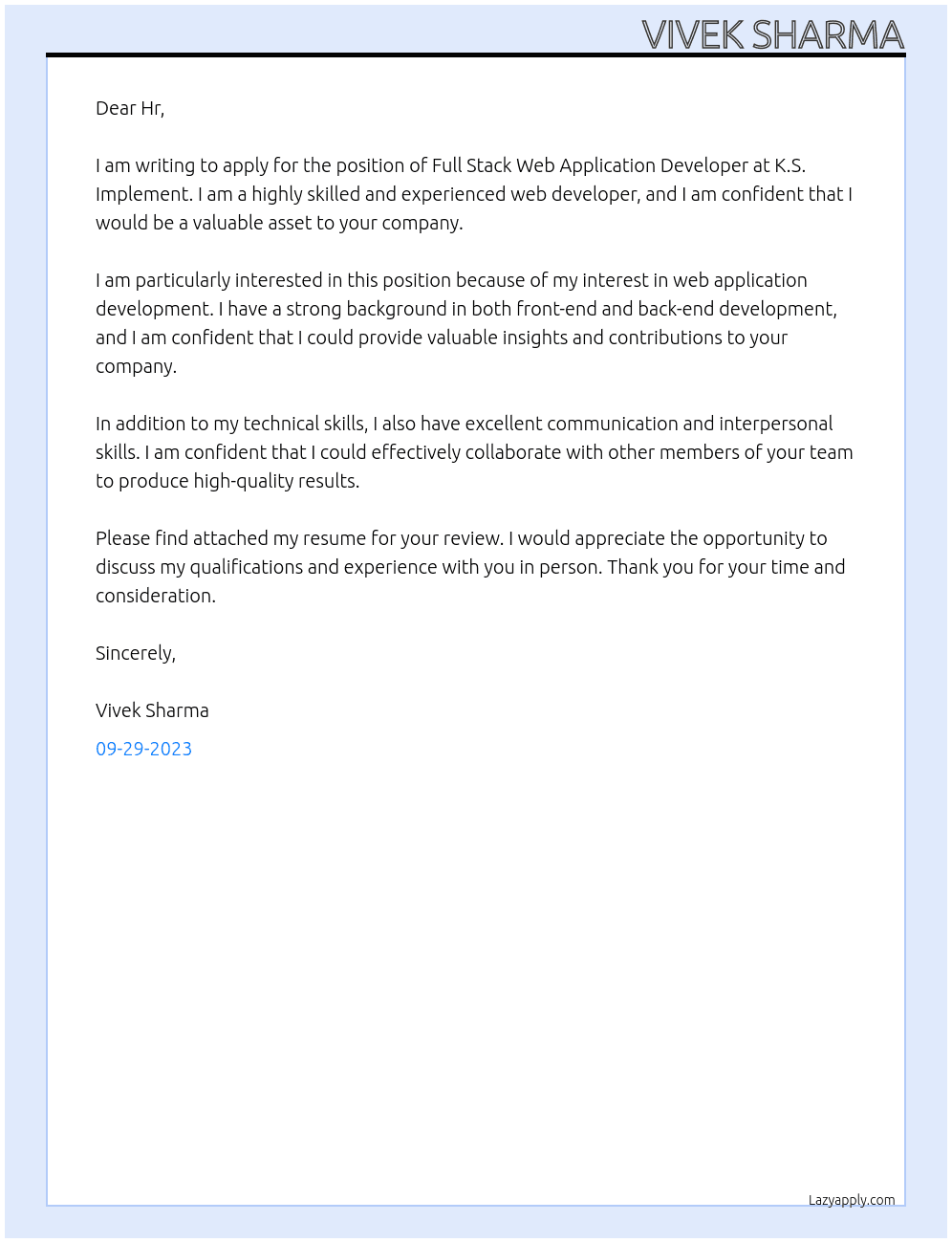 Full Stack Web Application Developer At K.S. Implement Cover Letter