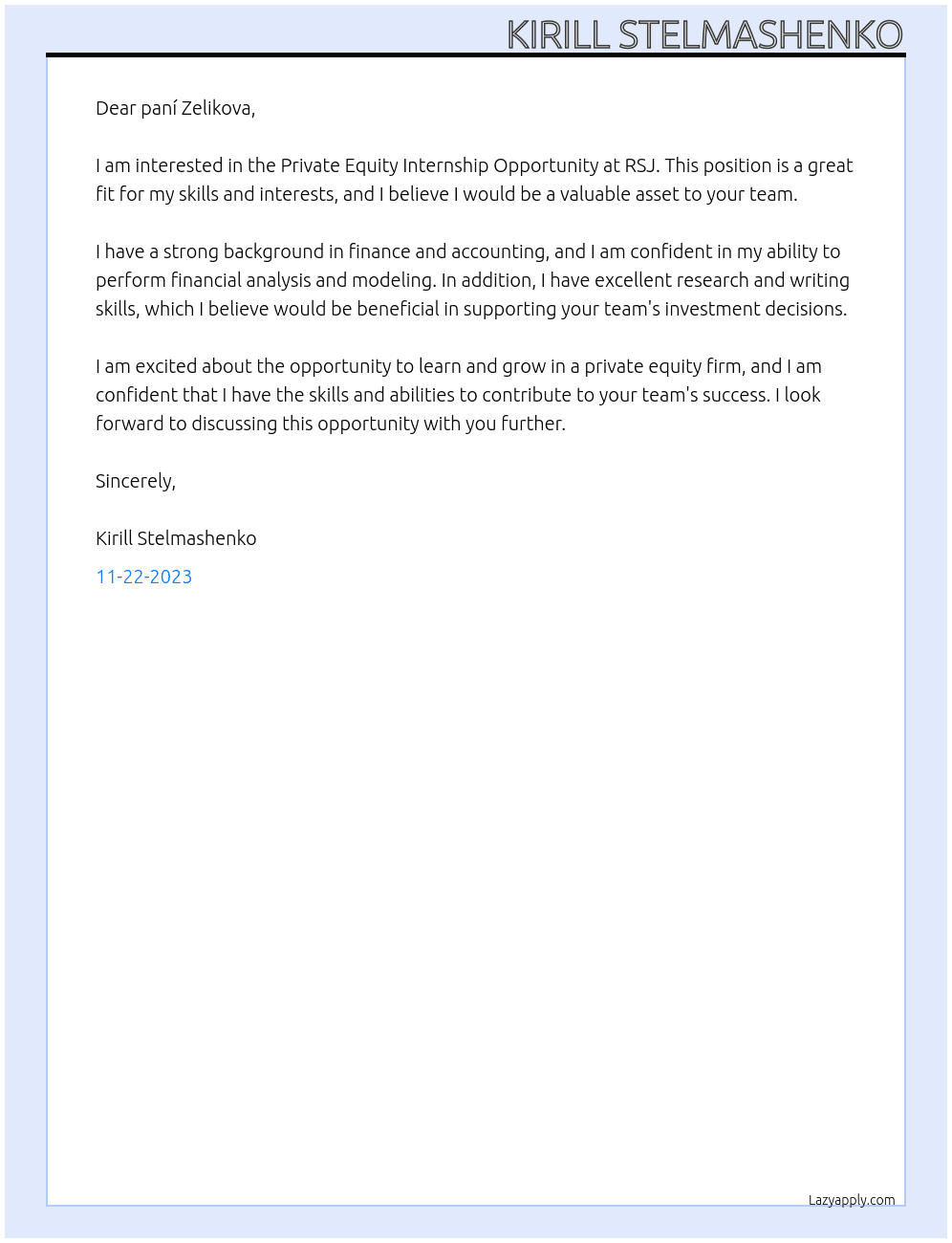 Private Equity Internship Opportunity At RSJ Cover Letter