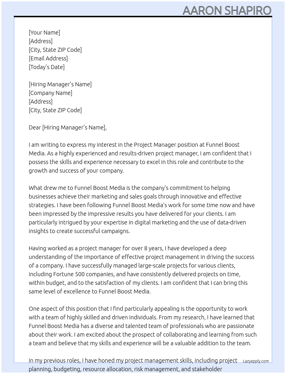 project manager At Funnel Boost Media Cover Letter