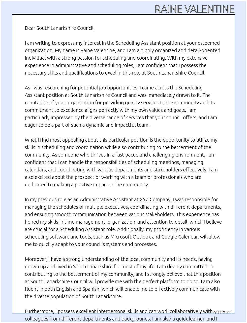 Cover letter for scheduling assistant - LazyApply