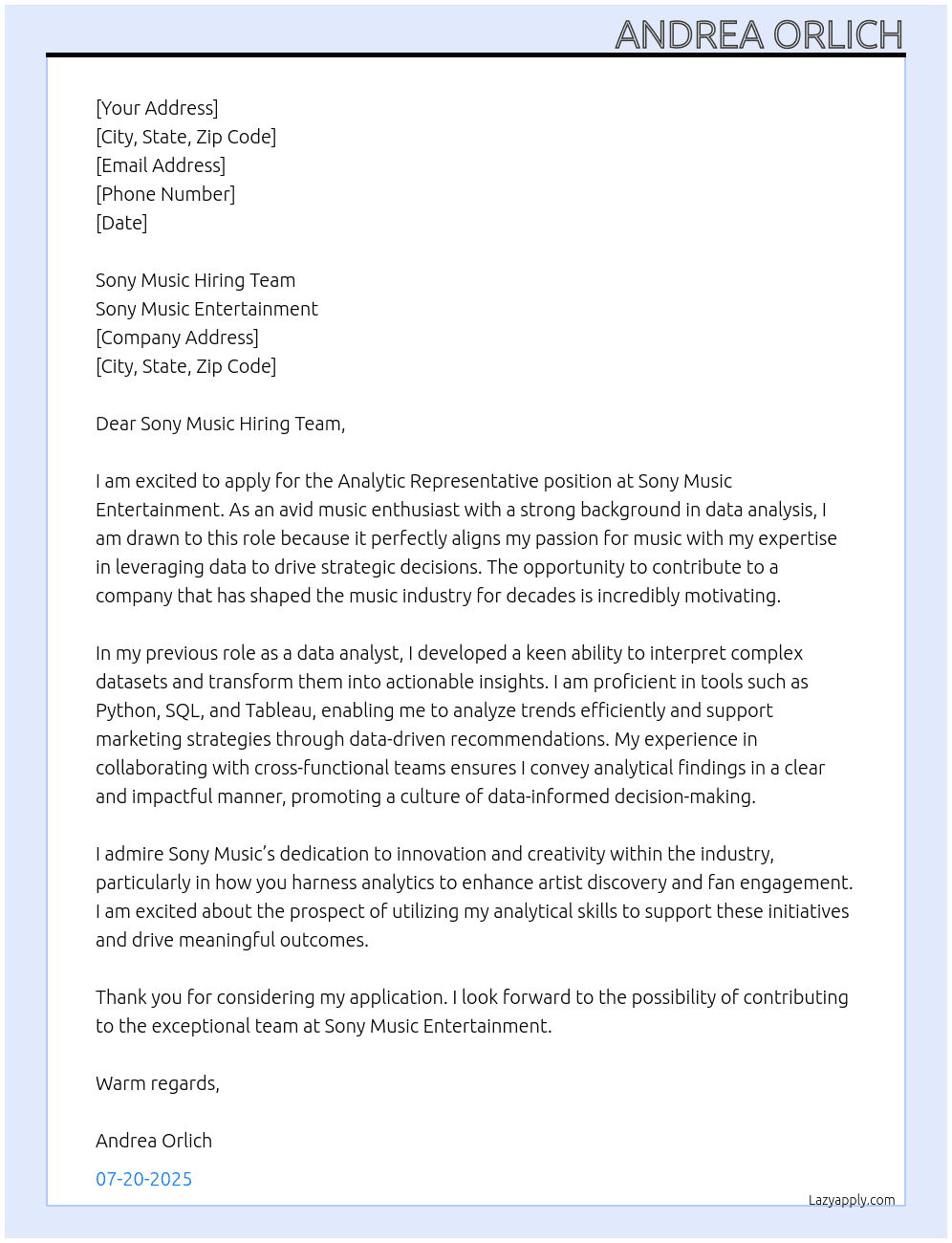 Cover letter for analytic representative - LazyApply