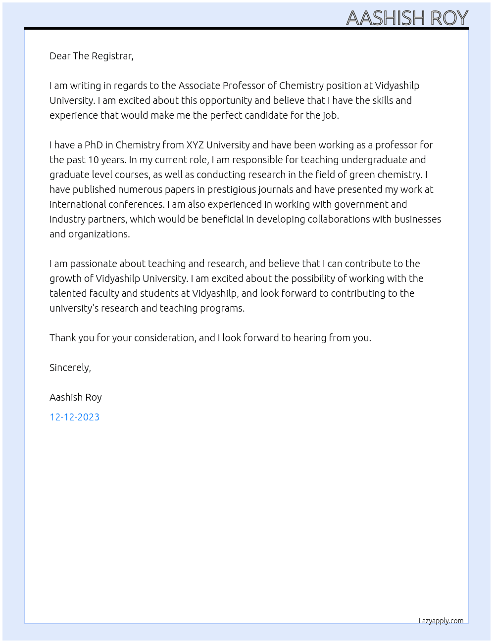 Associate Professor of Chemistry At Vidyashilp University Cover Letter