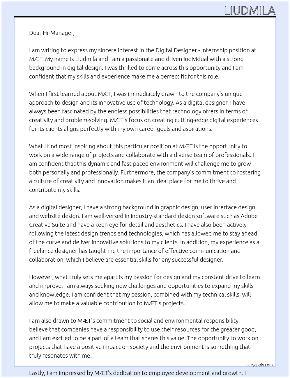 Digital Designer - Internship At MÆT Cover Letter