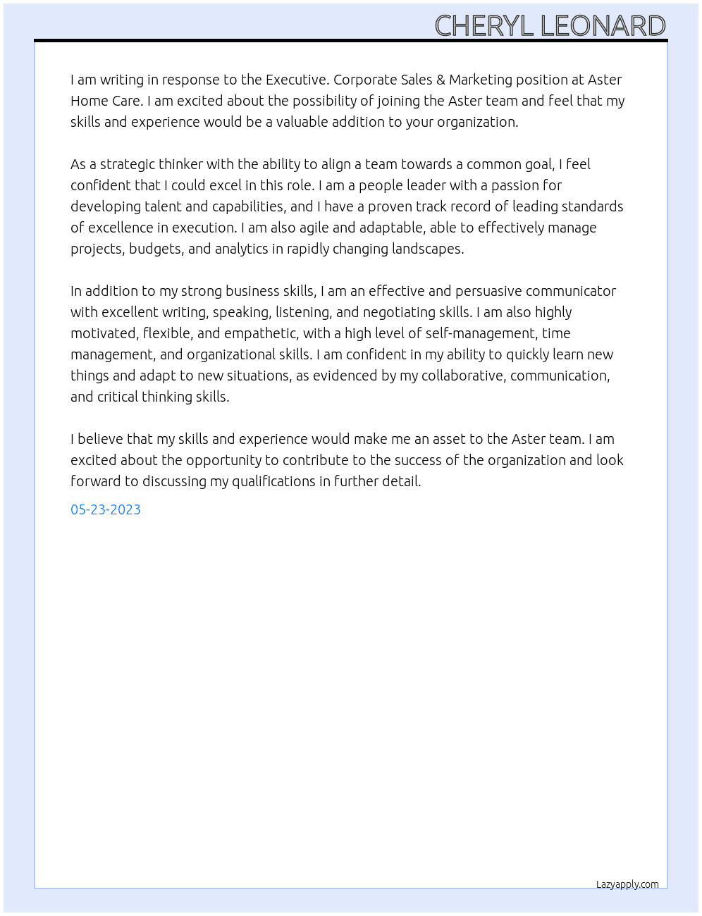 Executive.Corporate Sales & Marketing, Aster Home Care At Aster Cover Letter
