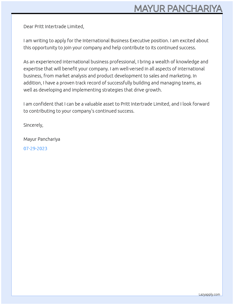 International Business Executive  At Pritt Intertrade Limited Cover Letter