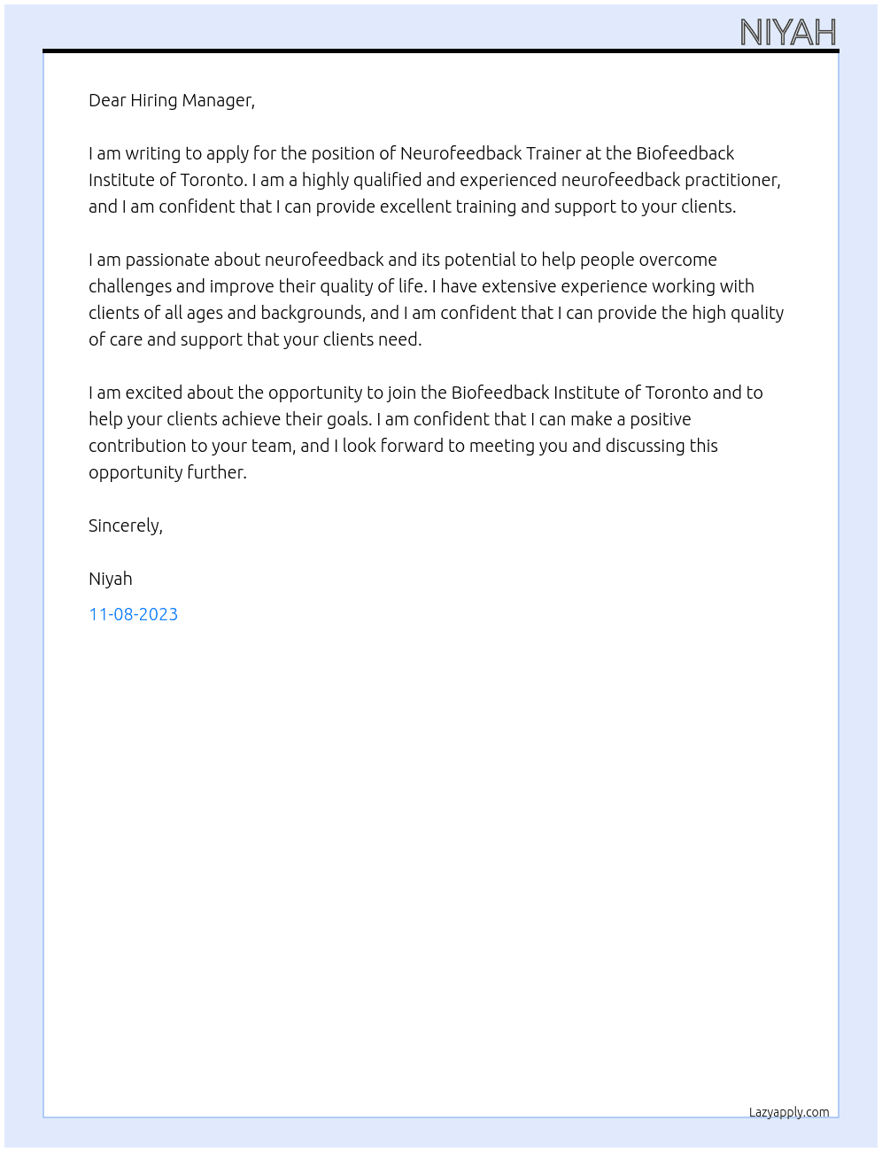 Neurofeedback Trainer At Biofeedback Institute of Toronto Cover Letter