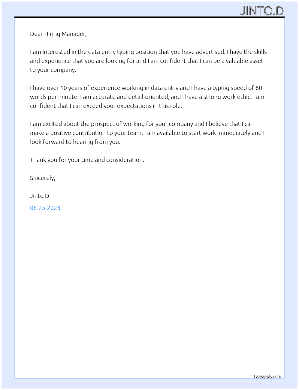 data entry typing At work from home Cover Letter