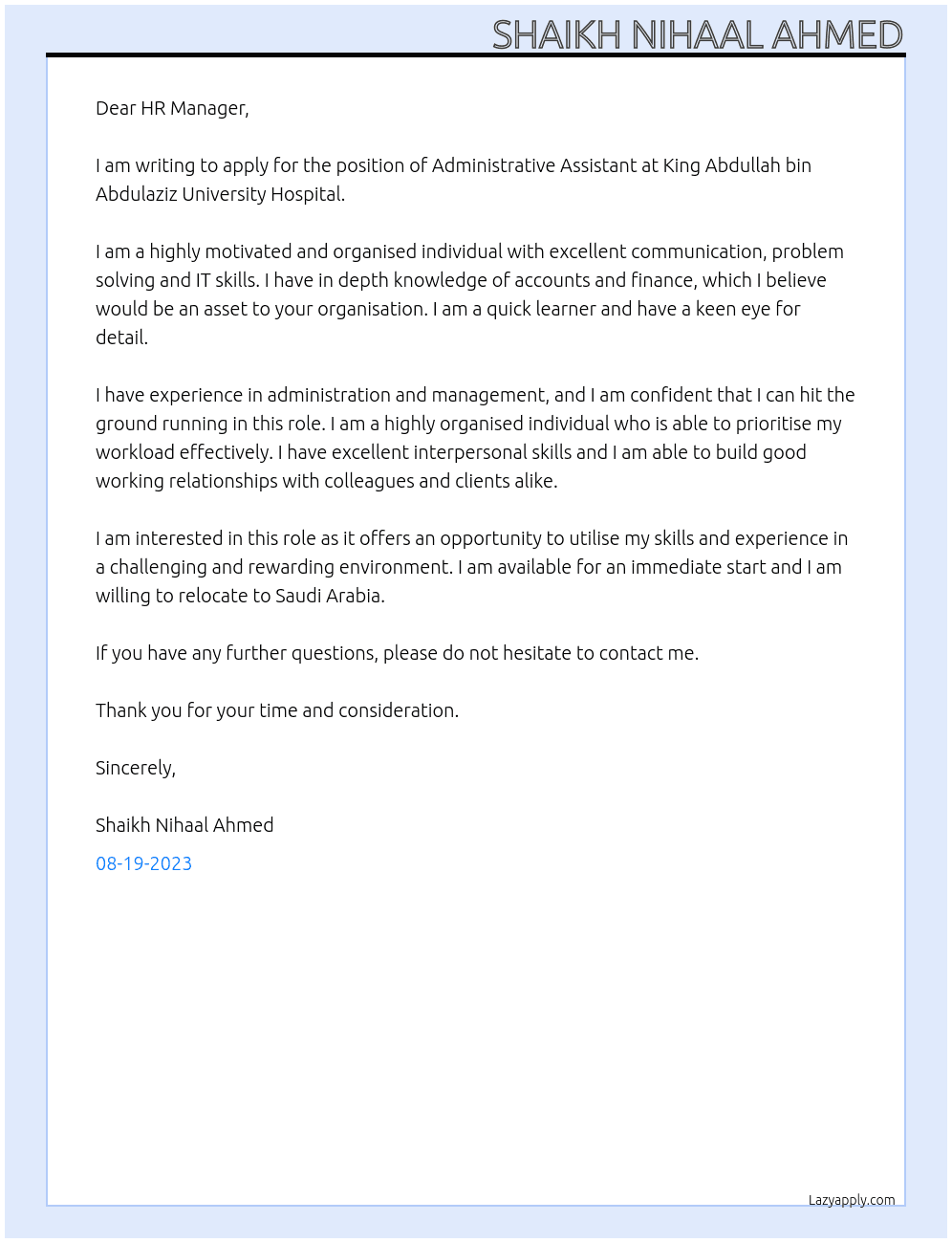Administrative Assistant At King Abdullah bin Abdulaziz University Hospital Cover Letter
