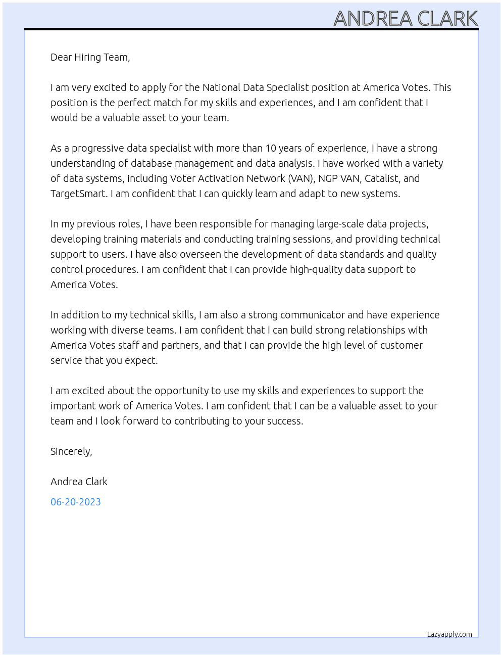 National Data Specialist At America Votes Cover Letter