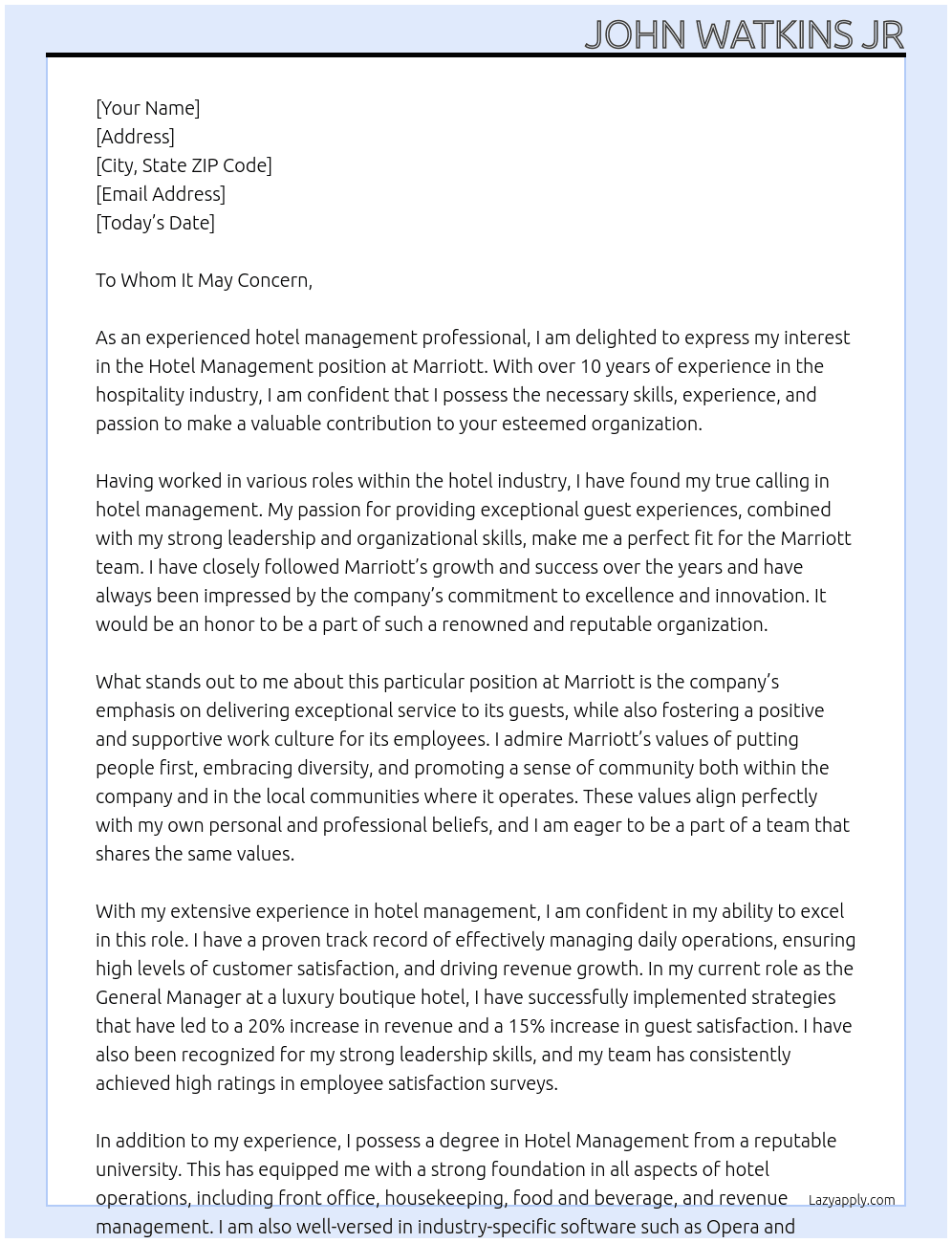 Hotel Management At Marriott Cover Letter