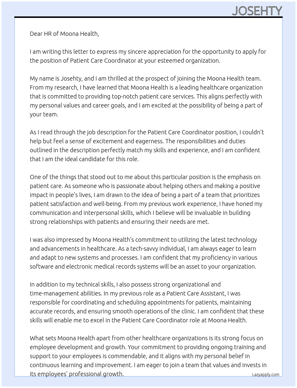 patient care coordinator At Moona Health Cover Letter