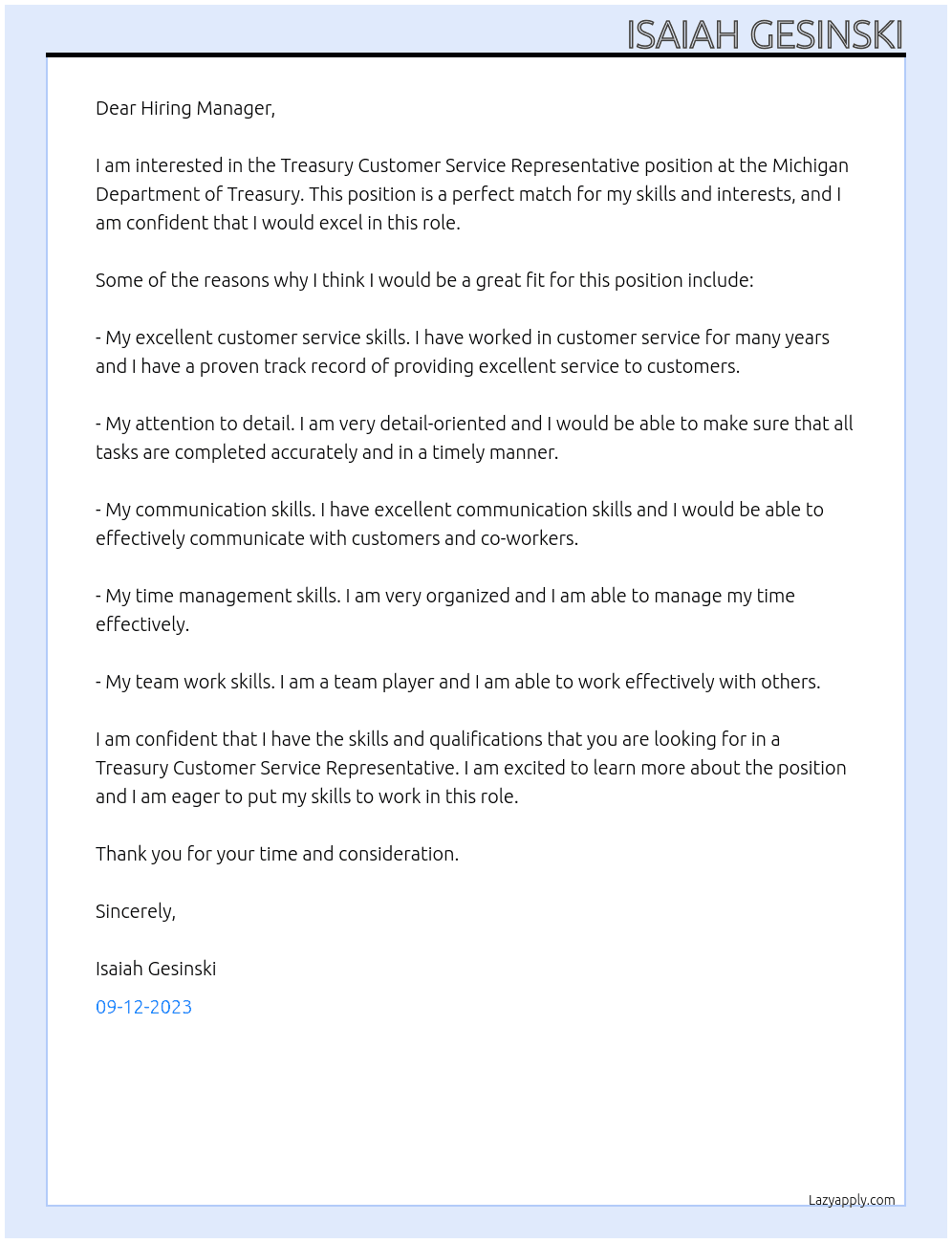 Treasury Customer Service Representative At Michigan Department of Treasury Cover Letter
