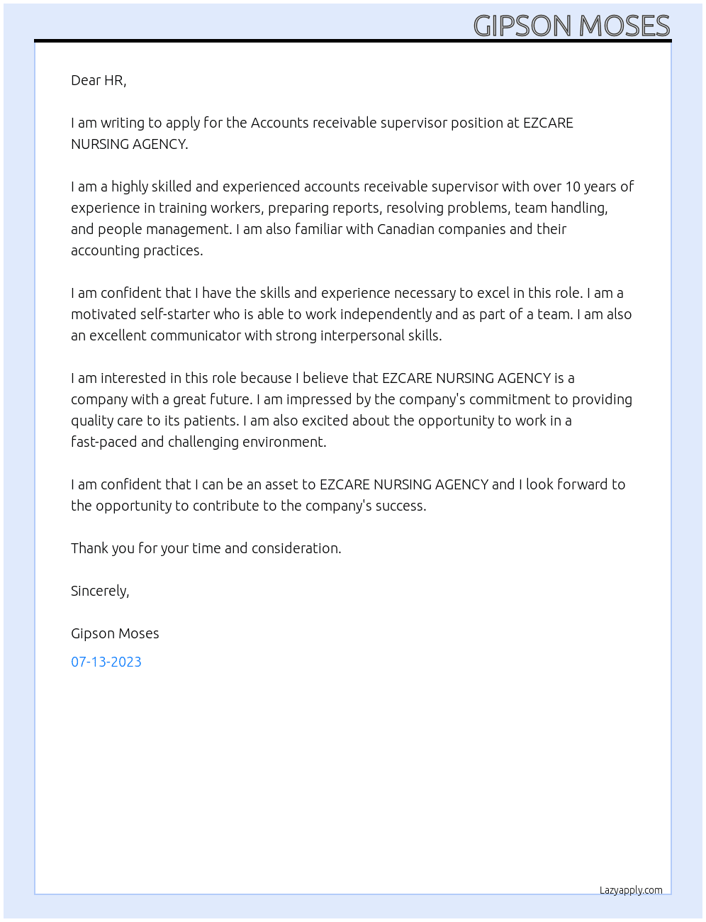 Accounts receivable supervisor At EZCARE NURSING AGENCY Cover Letter