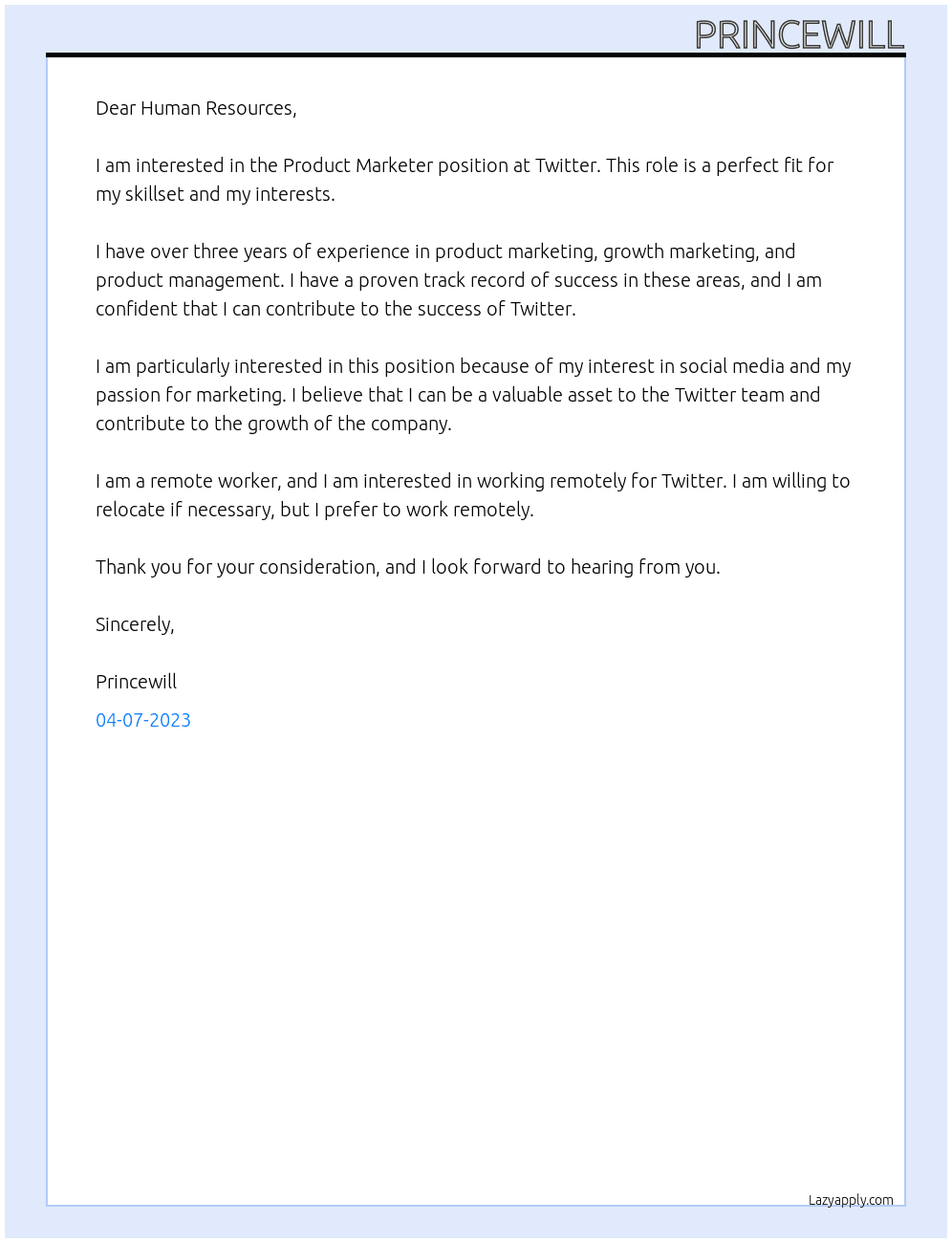 Product Marketer At Twitter Cover Letter