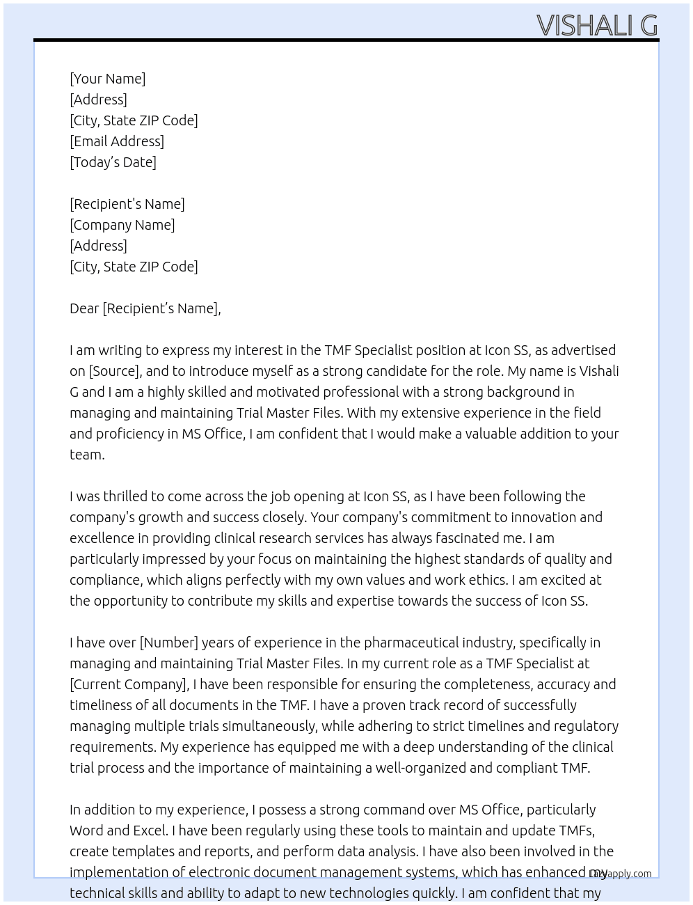 tmf specialist At icon ss Cover Letter