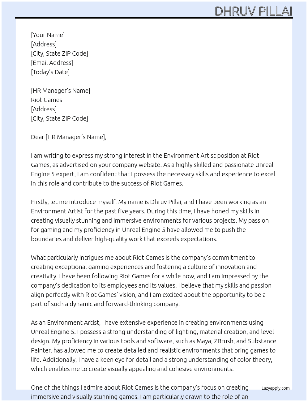 Environment artist At Riot games  Cover Letter