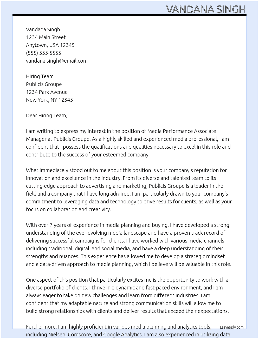 MediaPerformance Associate Manager At Publicis Groupe Cover Letter