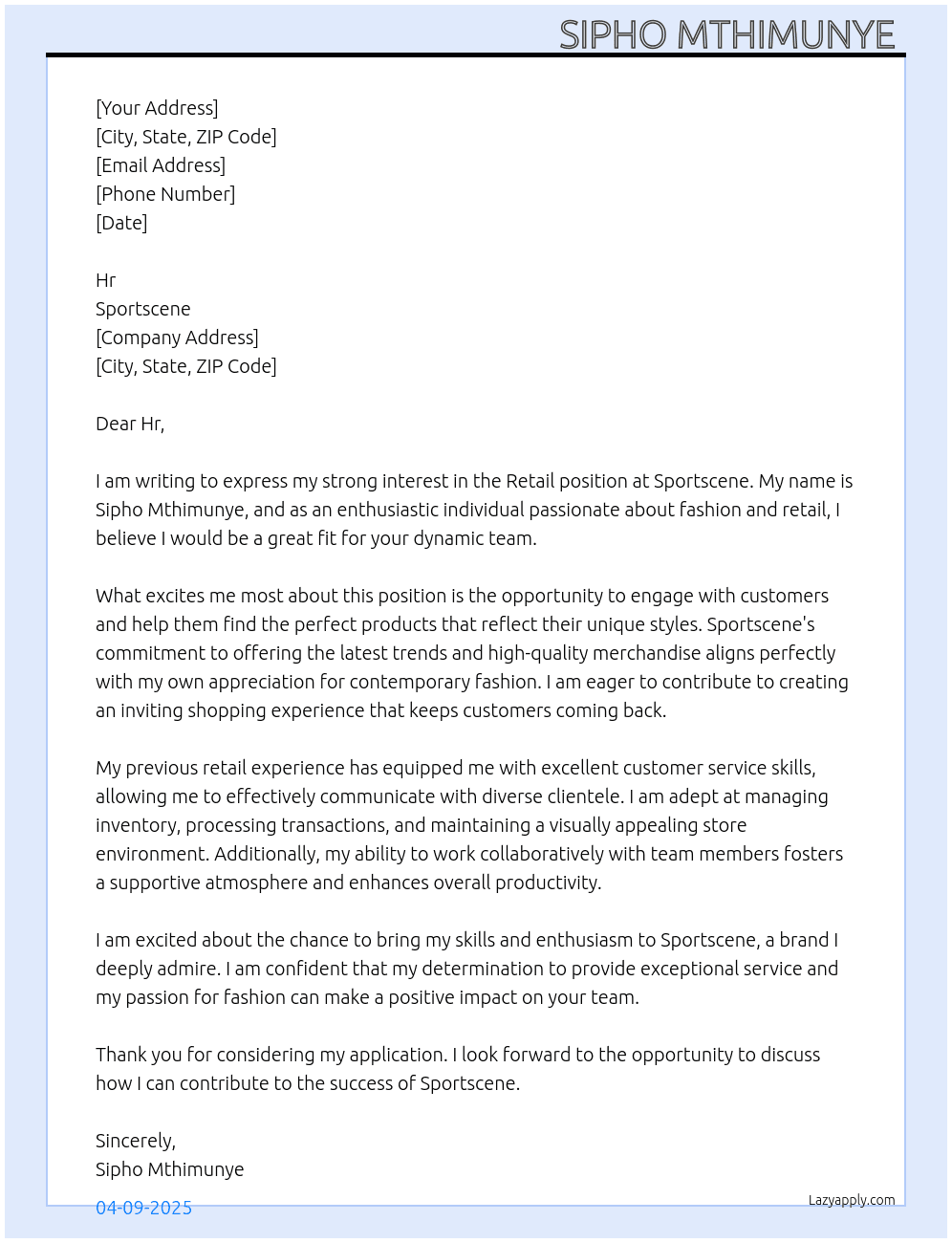 Retail Work At Sportscene  Cover Letter