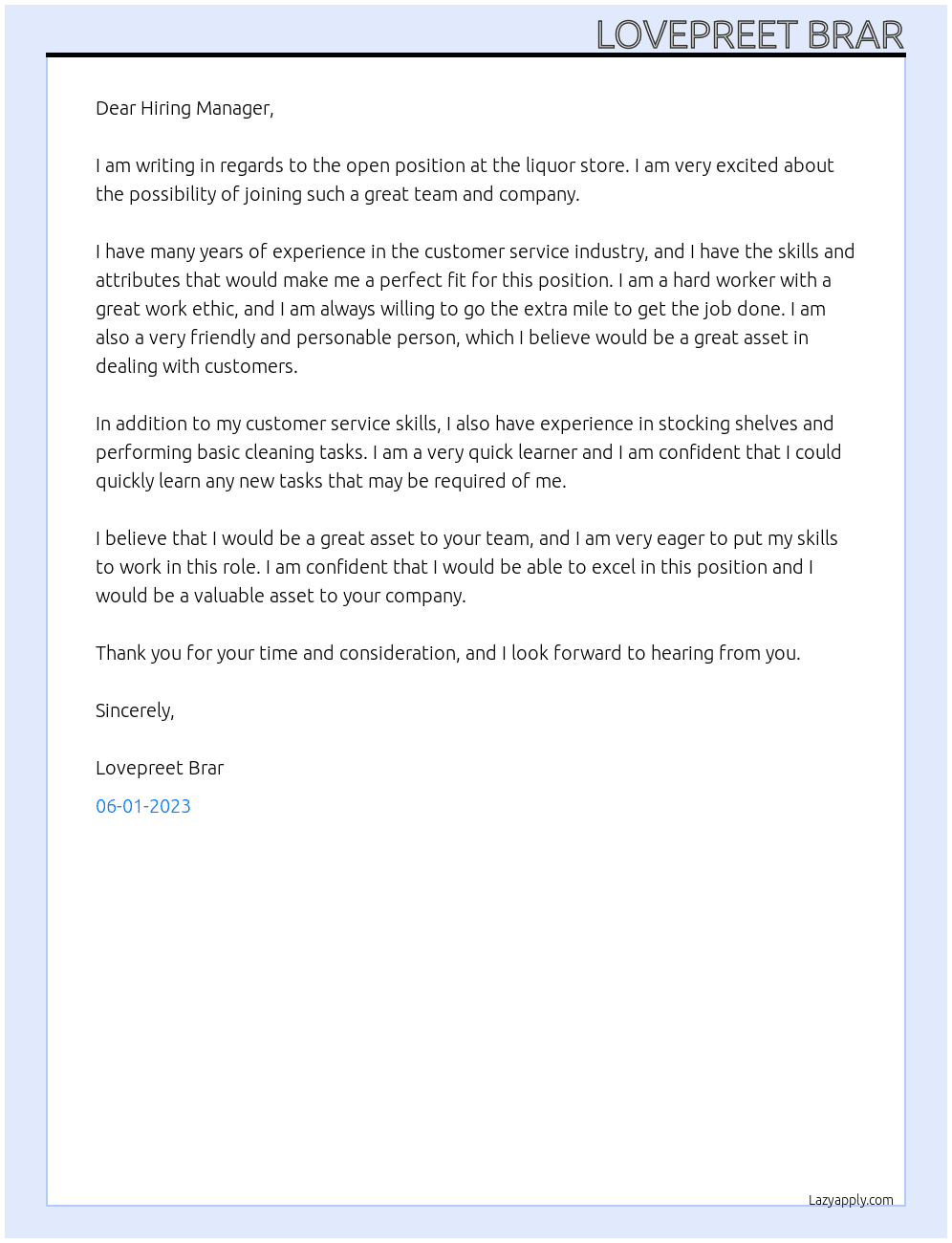 Any At Liquor store  Cover Letter