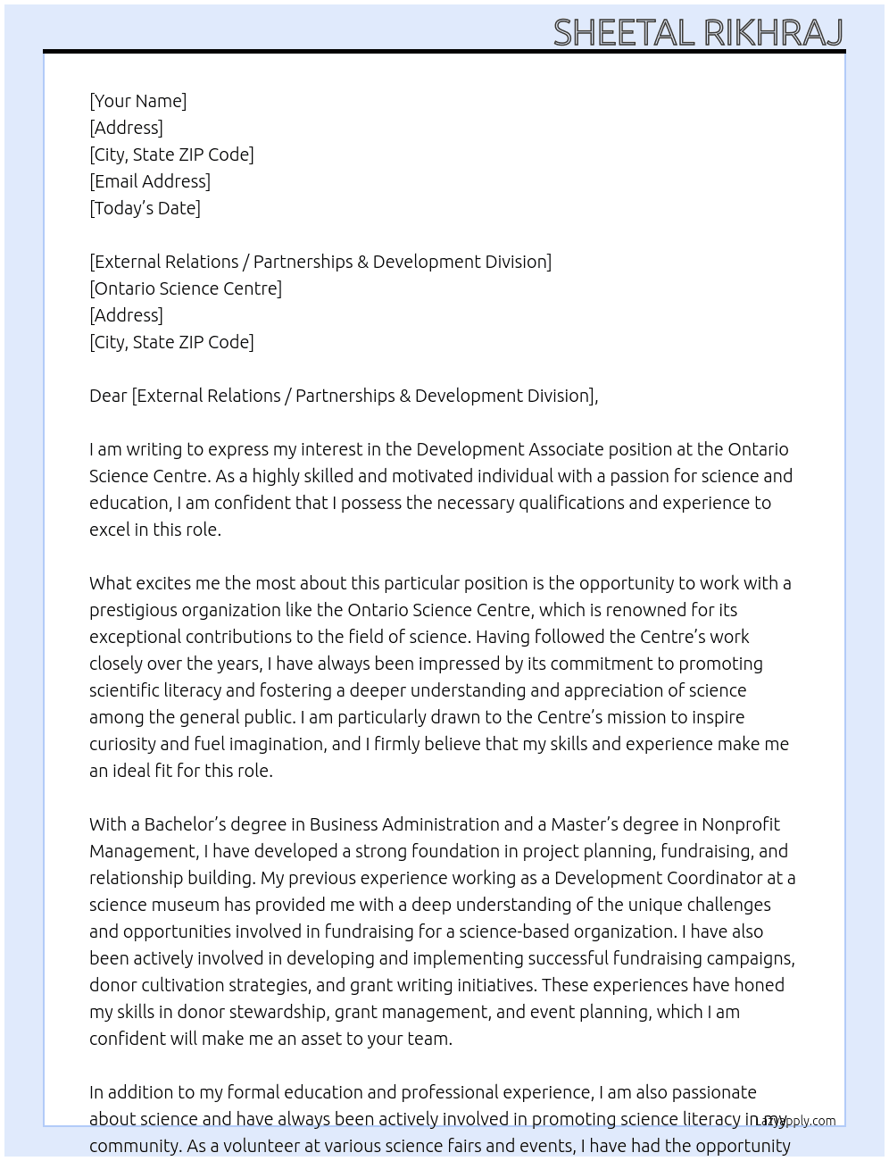 Development Associate At Ontario Science Centre Cover Letter