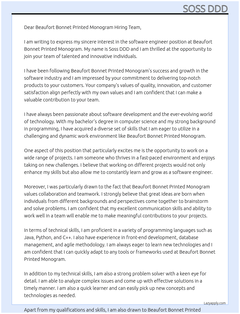 software engineer At Beaufort Bonnet Printed Monogram Cover Letter