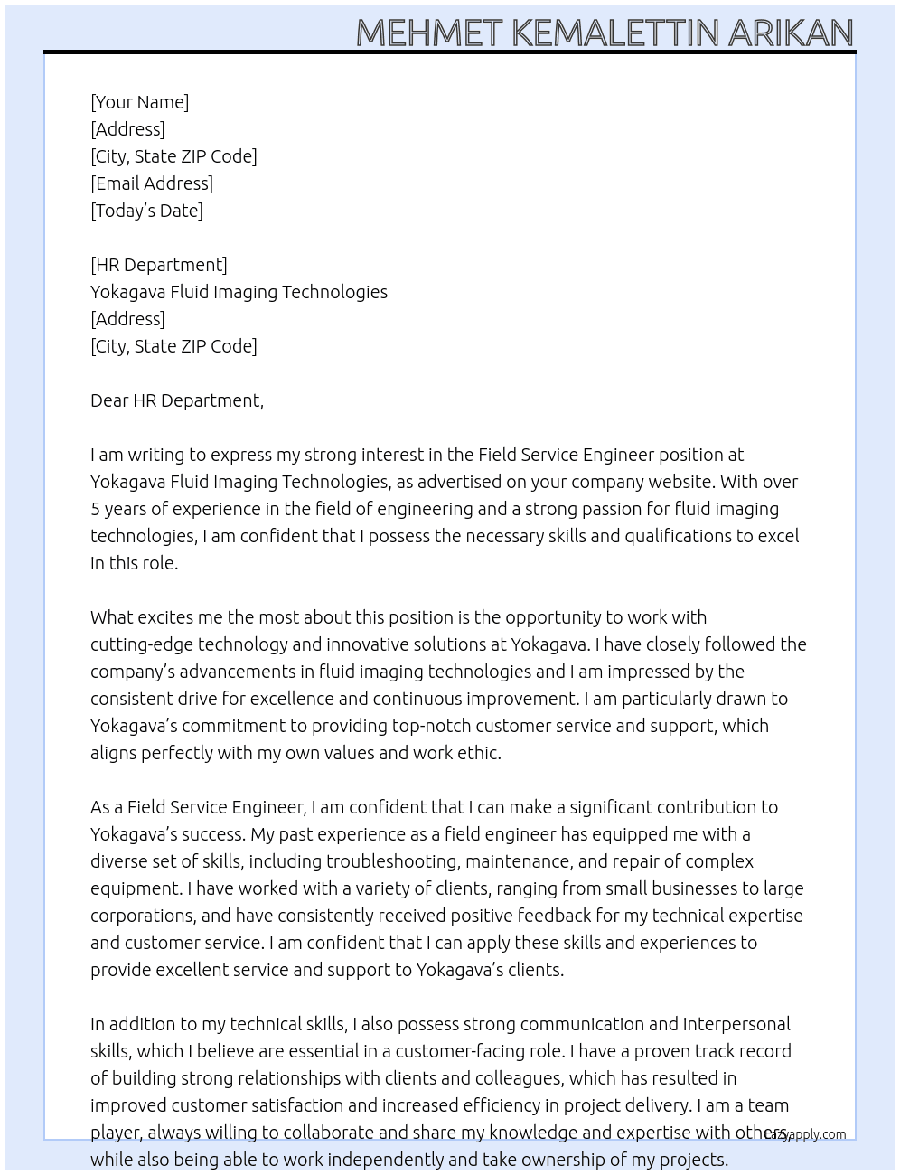 Field service engineer At Yokagava fluid imaging technologies Cover Letter