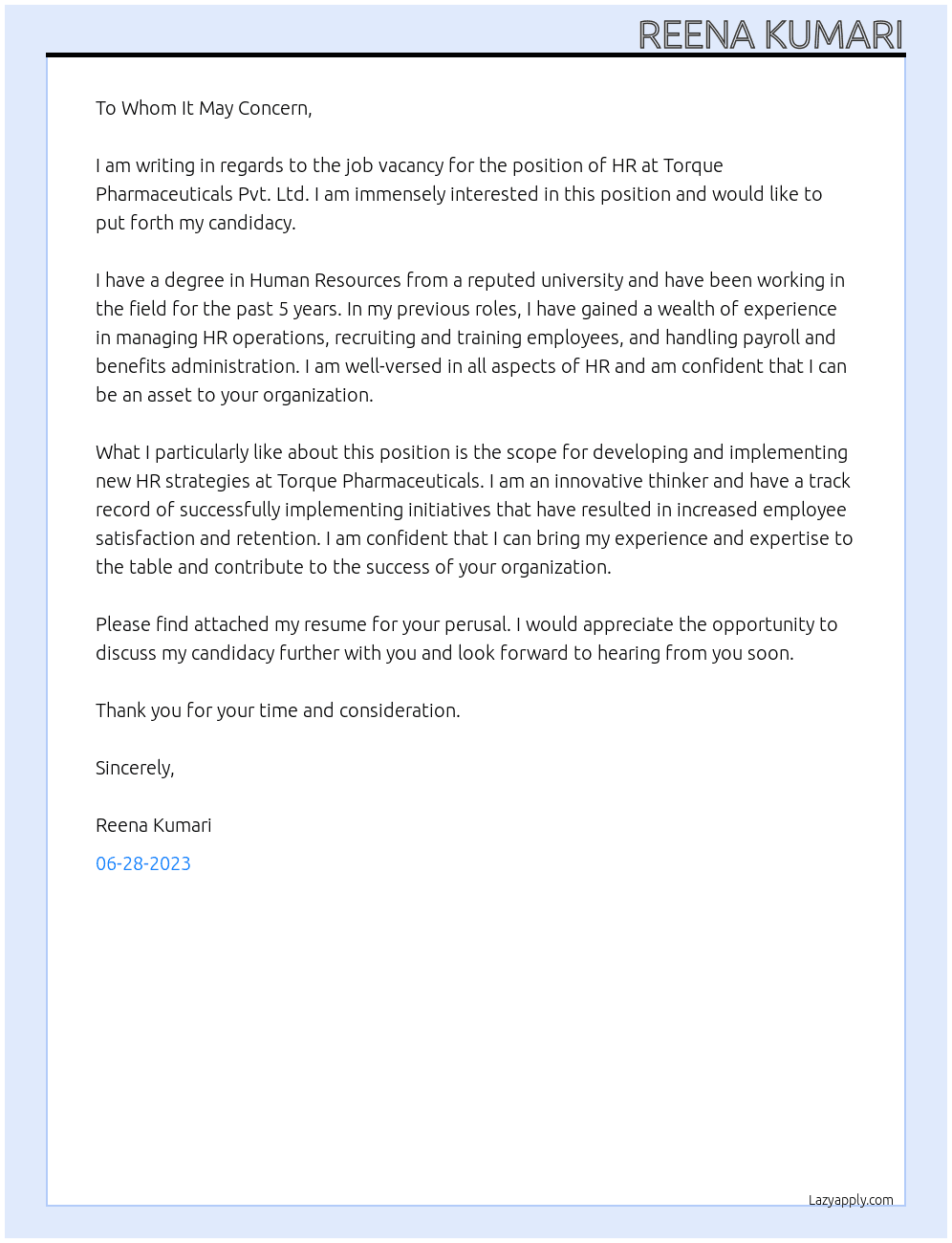 job vacancy  At Torque Pharmaceuticals Pvt. Ltd. Cover Letter