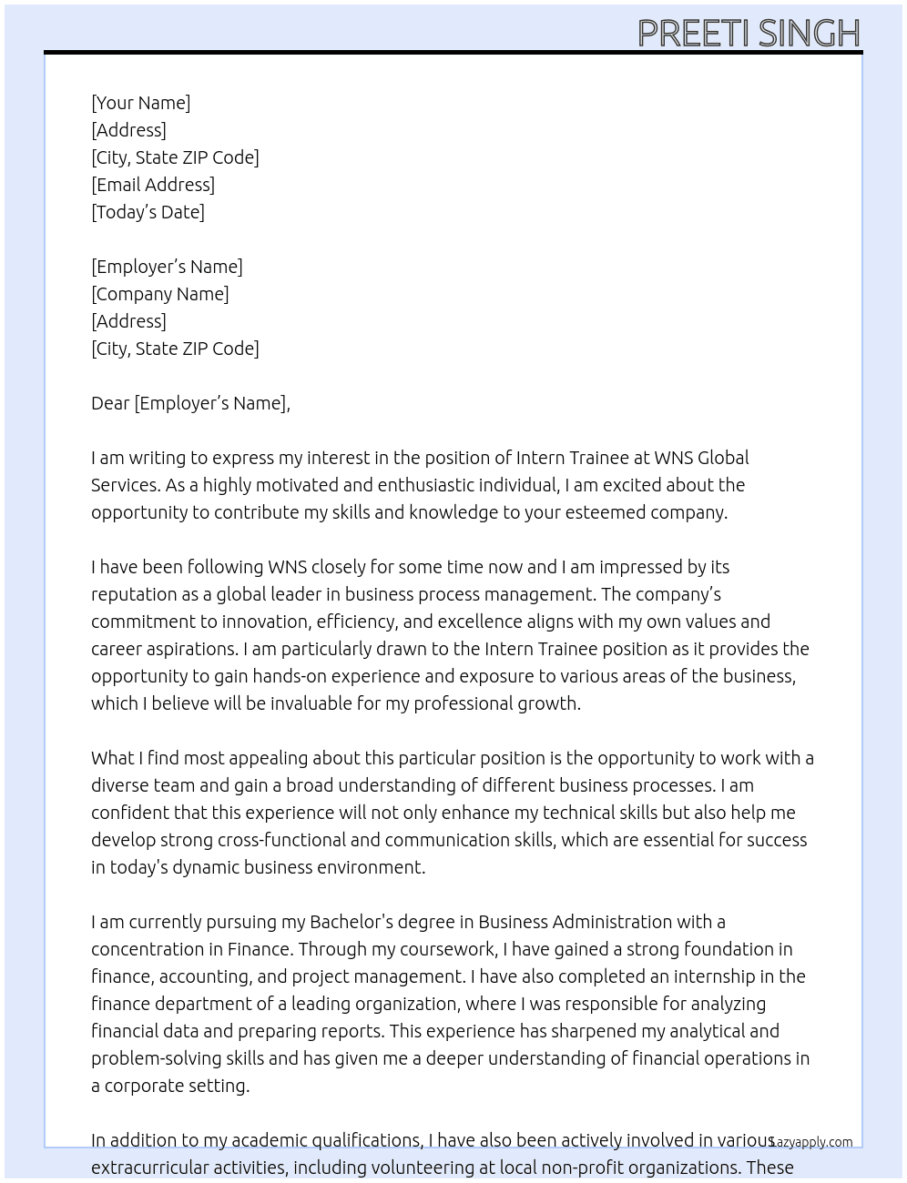 INTERN TRAINEE At WNS  Cover Letter