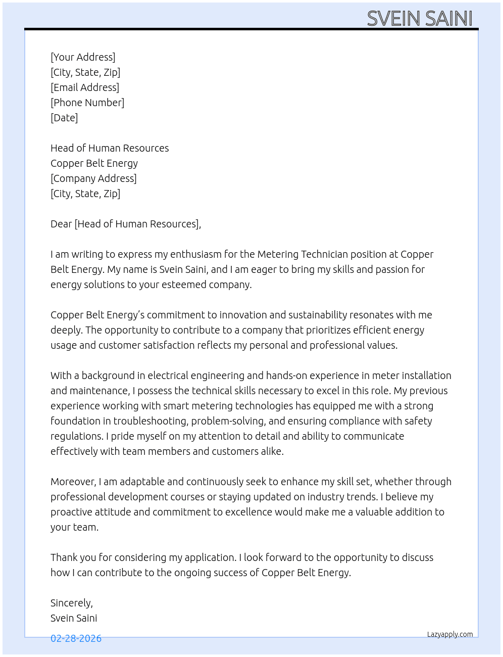 Metering technician  At Copper belt energy  Cover Letter