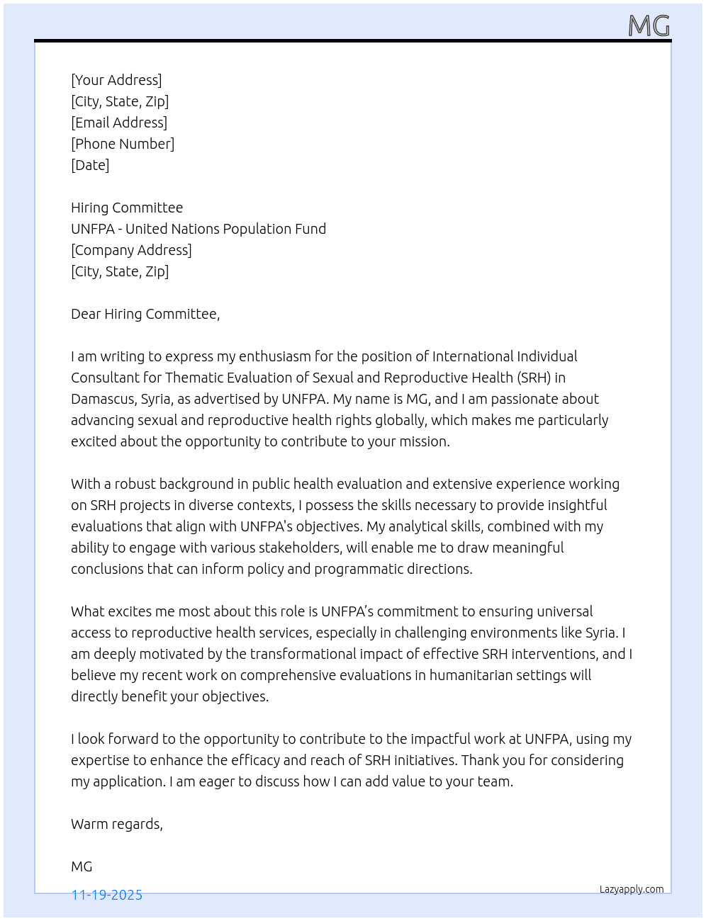 Cover letter for international individual consultant- thematic evaluation srh, damascus, syria - LazyApply