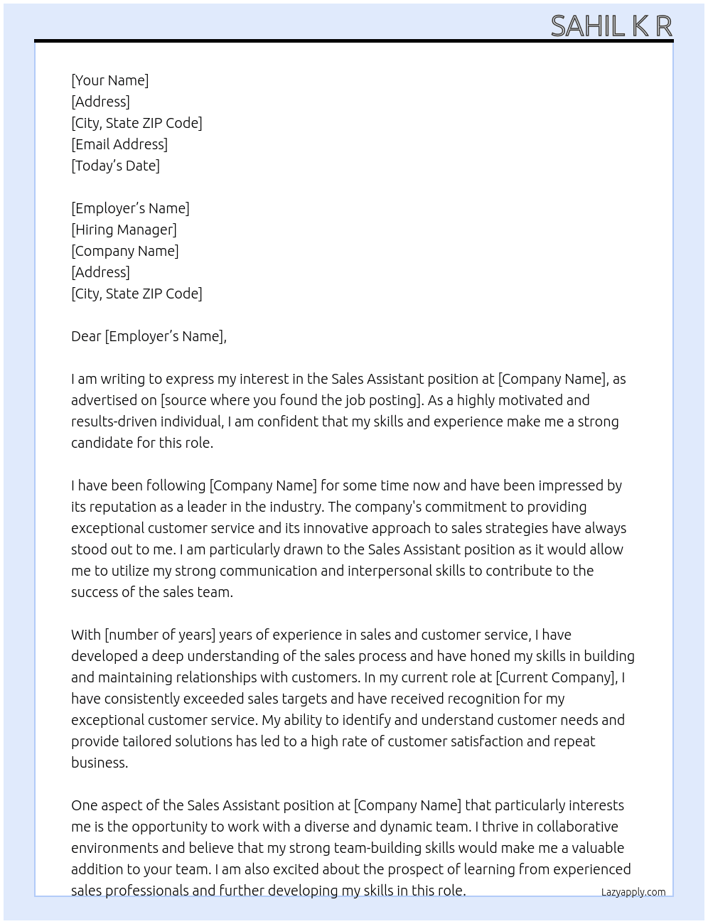 Sales assistant  At Hiring Cover Letter
