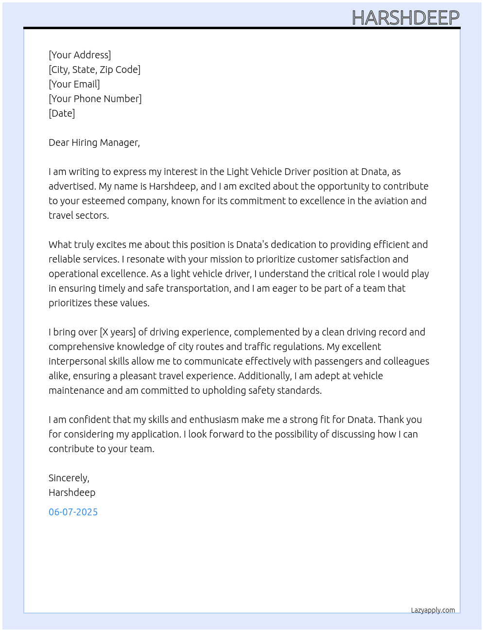 Light Vehicle Driver  At Dnata  Cover Letter
