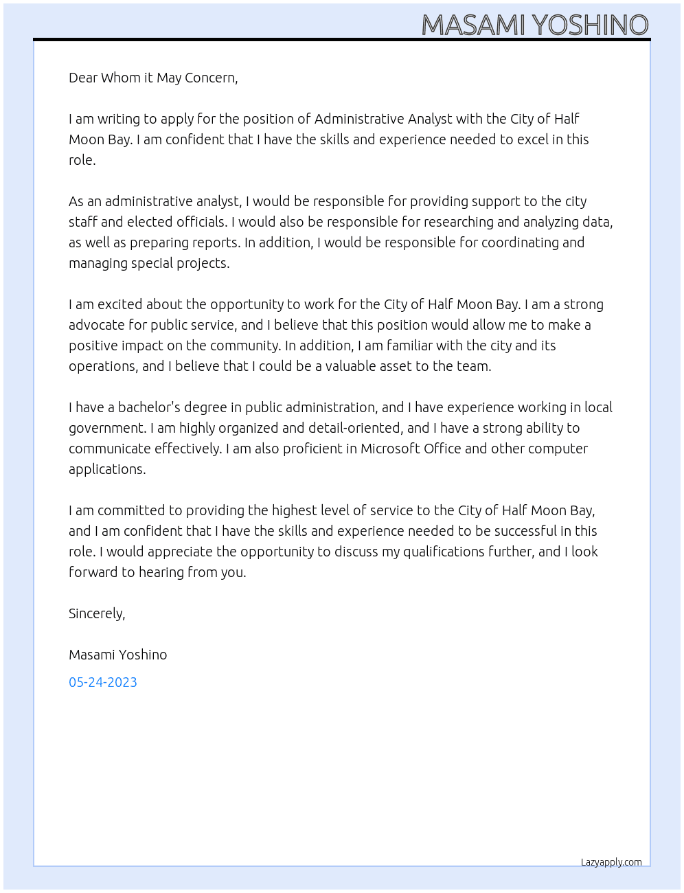 Administrative Analyst At City of Half Moon Bay Cover Letter