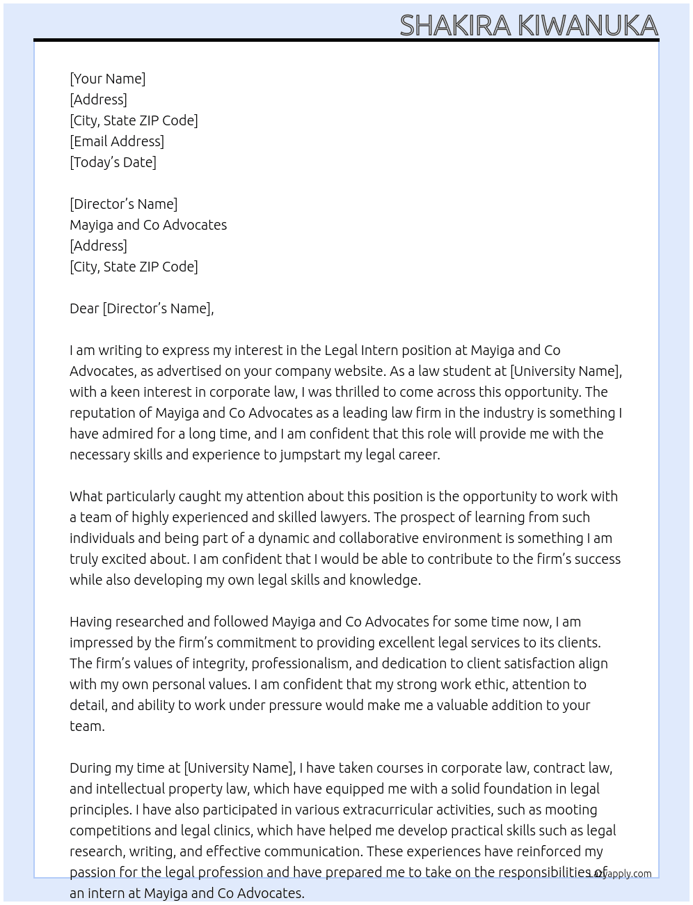 Legal Intern At Mayiga and Co Advocates Cover Letter