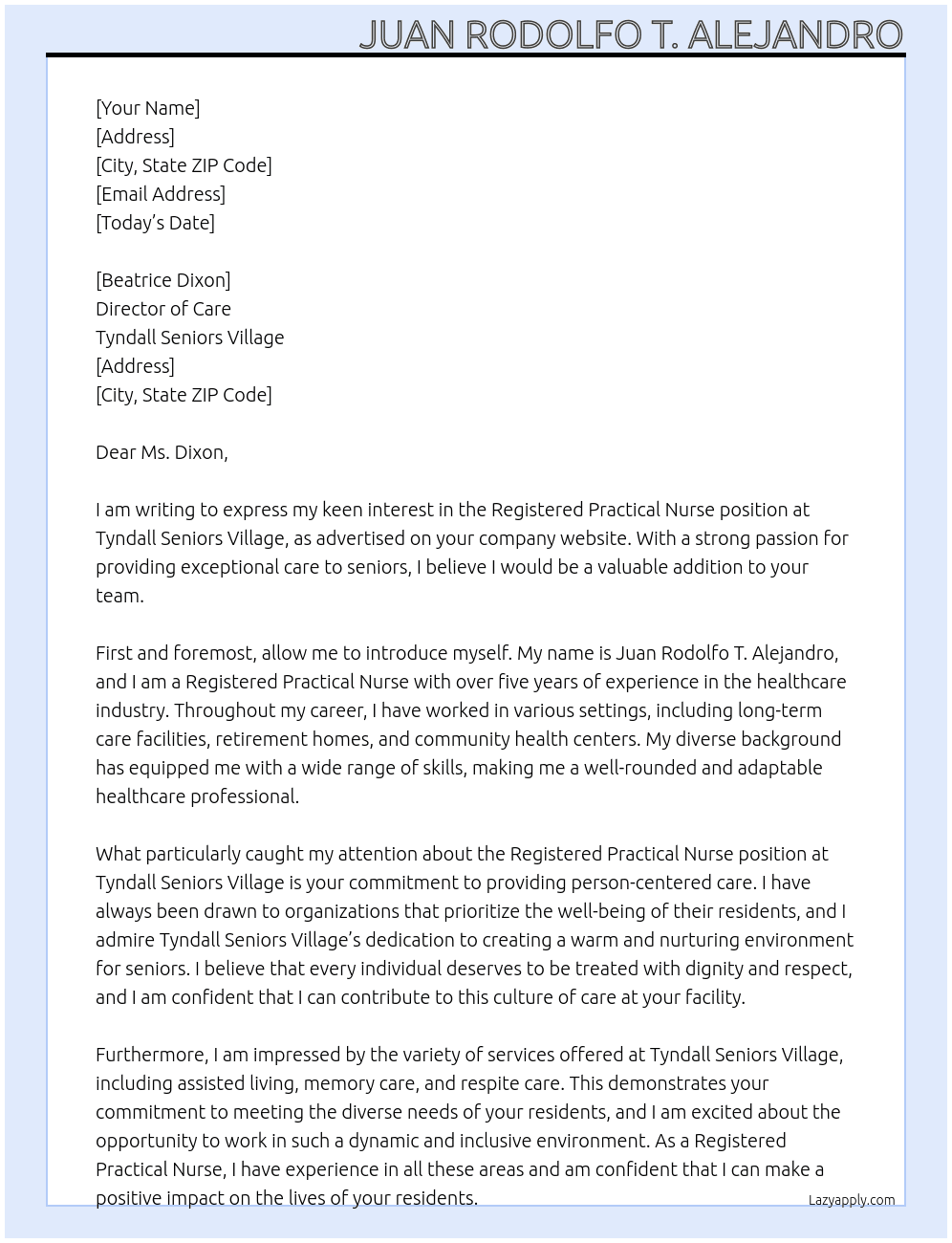 Registered Practical Nurse At Tyndall Seniors Village Cover Letter