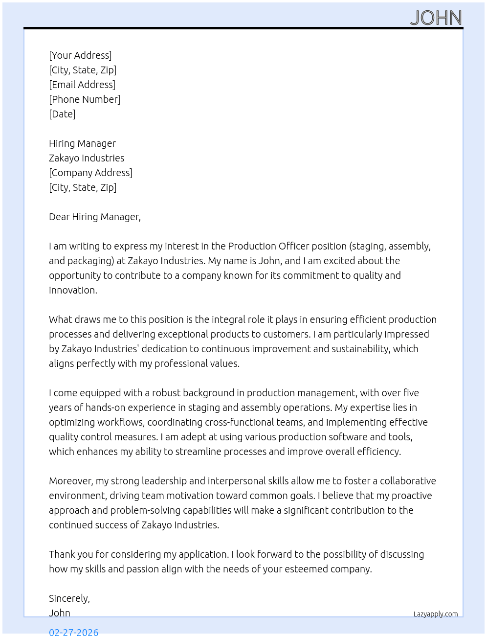 Production officer (staging, assembly and packaging) At Zakayo Industries Cover Letter